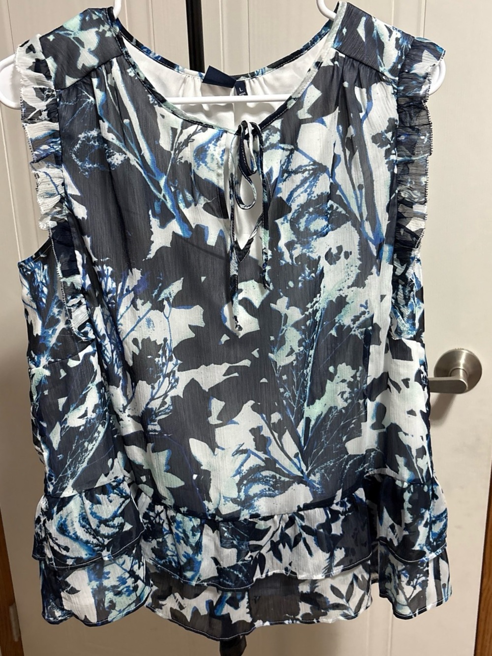 Kaari Blue Navy and White Floral Ruffle Tie-Front Blouse